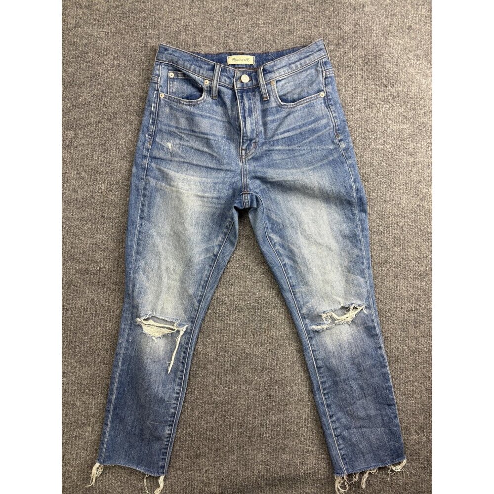 Madewell The High-Rise Slim Boyjean Jeans Womens 25 Blue Med Wash Distressed‎